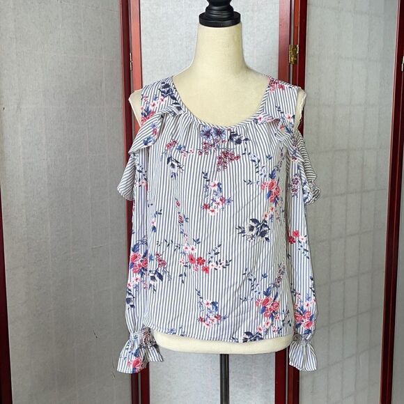 Xhilaration Blue & White Striped Cold Shoulder Floral RuffleTop (Size: M) - Picture 6 of 12